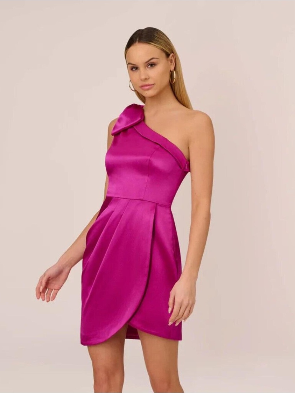 Adrianna Papell One-Shoulder Fuchsia Satin Cocktail Dress with Bow